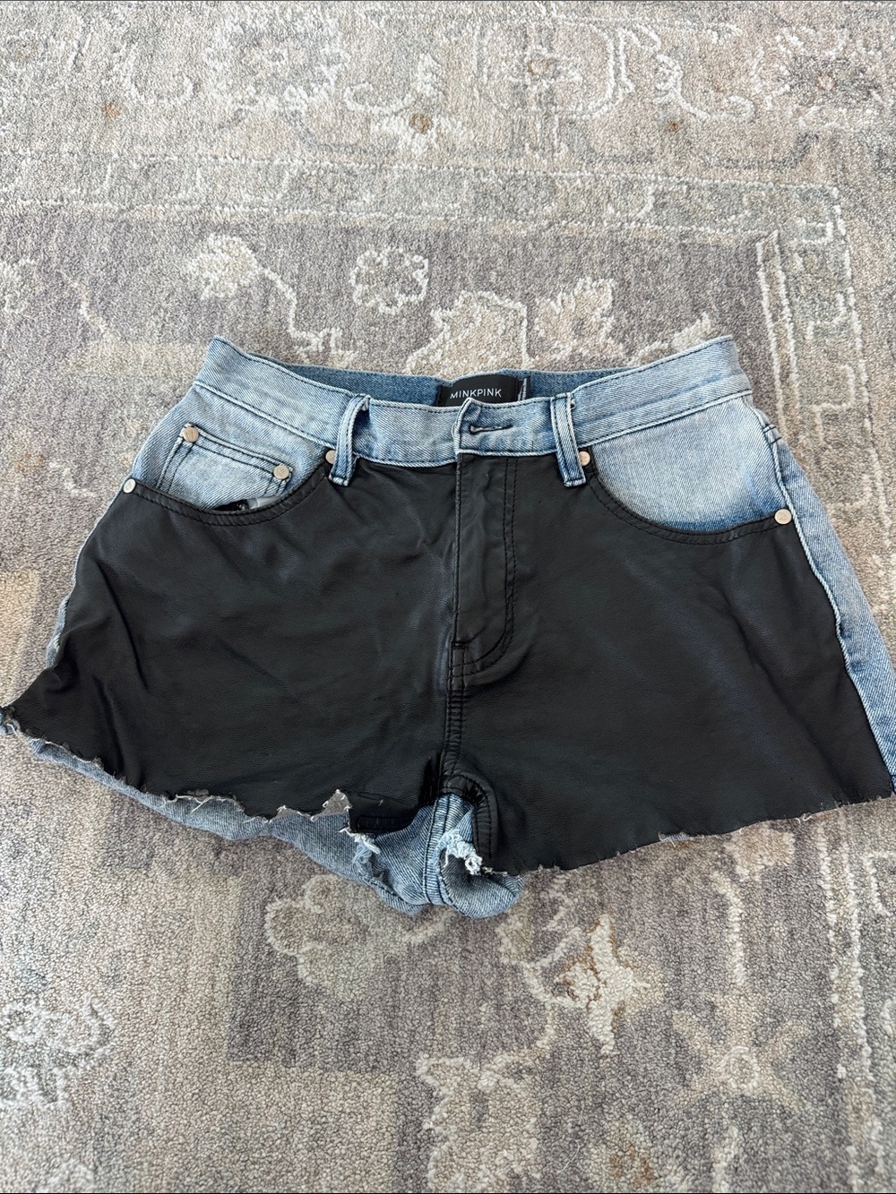 MINKPINK Black Leather & Light Blue Two-Tone Denim Shorts